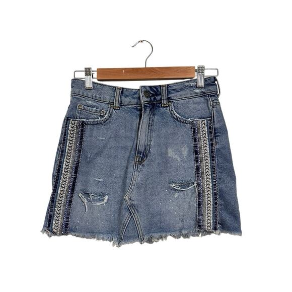 Free People Dresses & Skirts - Free People Denim Mini Skirt Beaded Embellished Size 0 Raw Hem